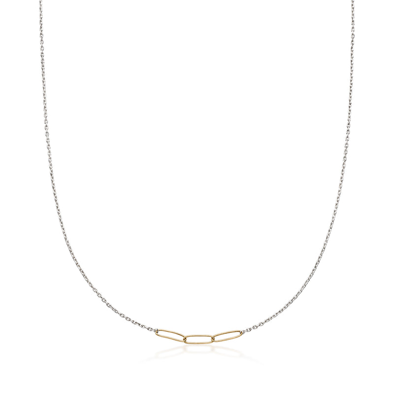 Sterling silver paper clip link necklace with small 14kt yellow gold interlocking accents