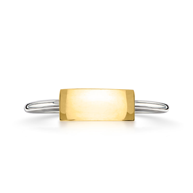 Rectangle gold bezel ring with polished sterling silver band