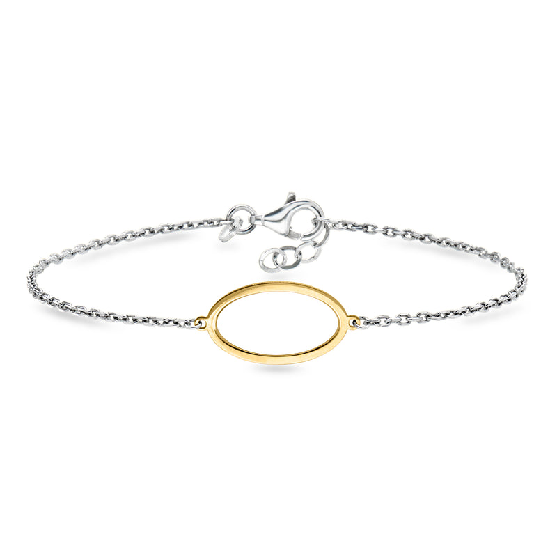Oval gold setting bracelet on a sterling silver chain with lobster clasp