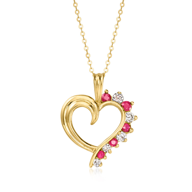 10kt yellow gold heart pendant necklace with ruby center and diamond accents