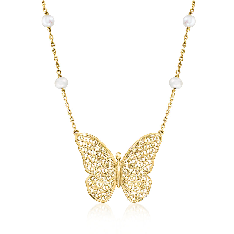 Yellow gold-plated filigree butterfly necklace with cultured pearl accents