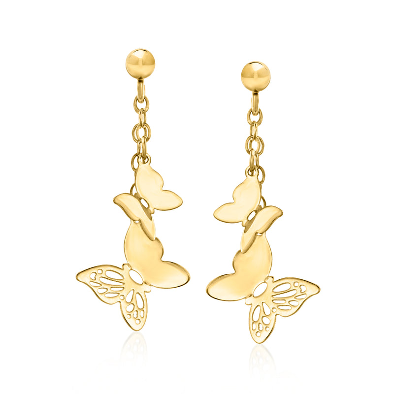 10kt yellow gold butterfly drop earrings with dangling butterfly charms