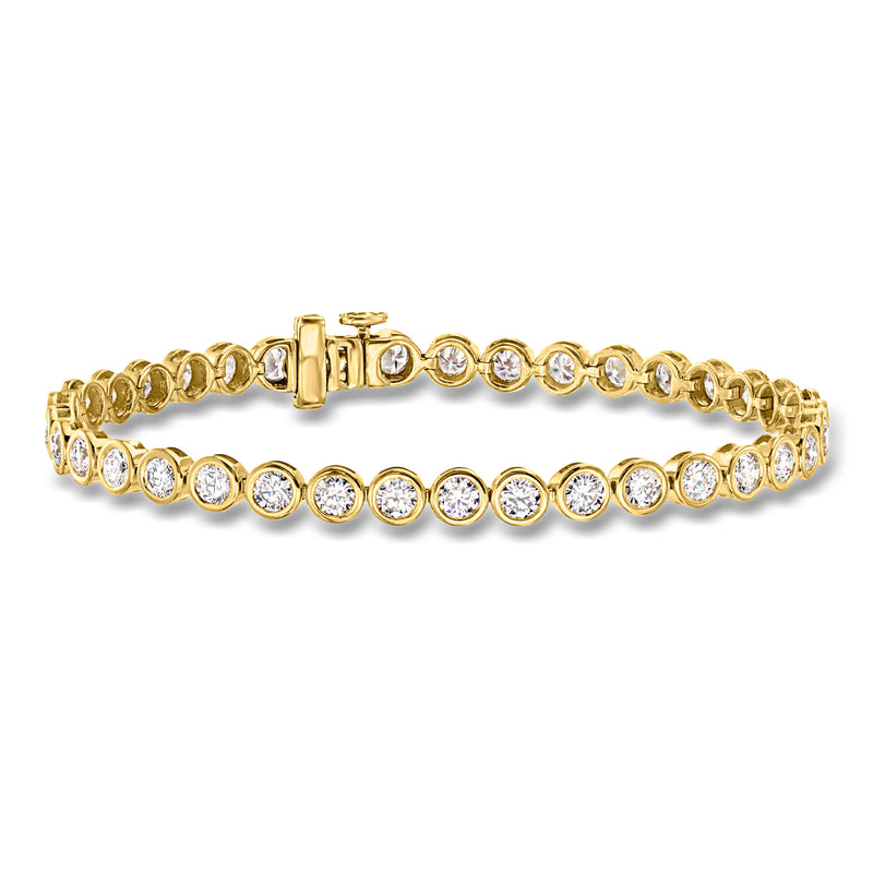 18kt gold tennis bracelet with bezel-set round diamonds and visible clasp