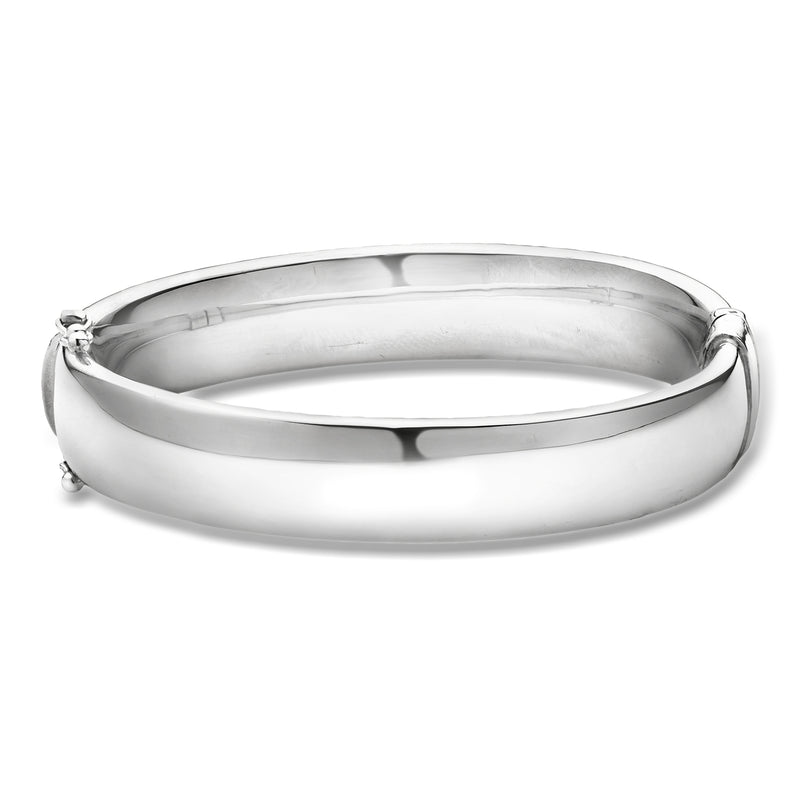 Rhodium-plated bangle bracelet, polished silver cuff with smooth round profile