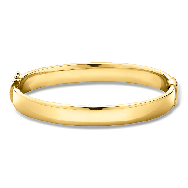 Gold-plated yellow bangle bracelet with hinged clasp ends, smooth polished finish