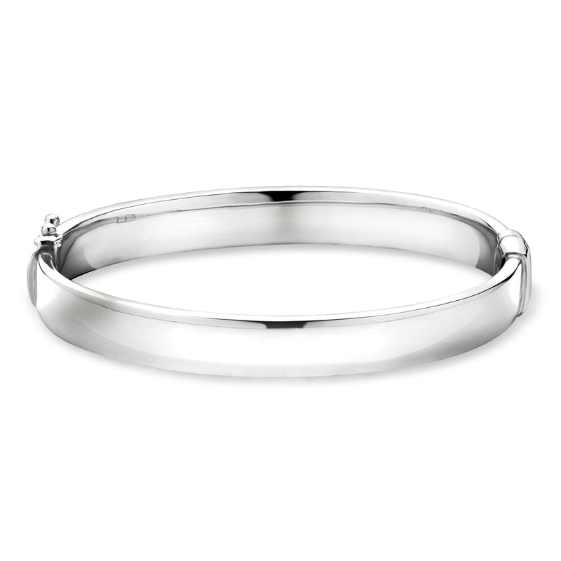 Rhodium-plated bangle bracelet, smooth 8mm cuff with clasp ends