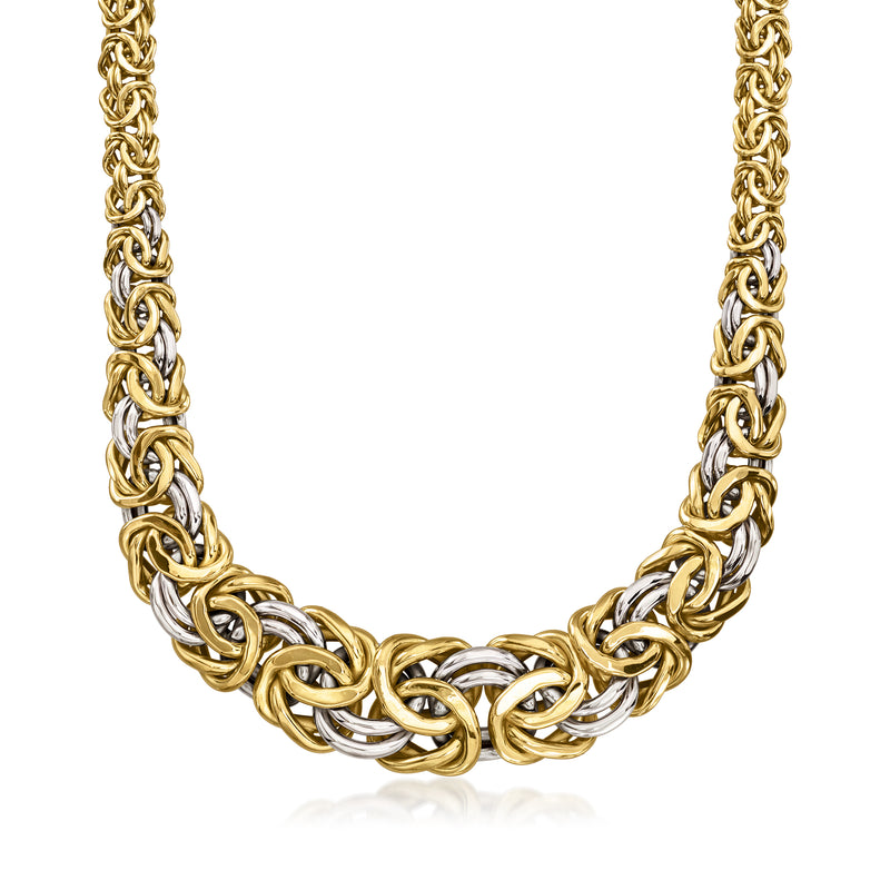 Two-tone gold Byzantine link necklace with graduated chain segments