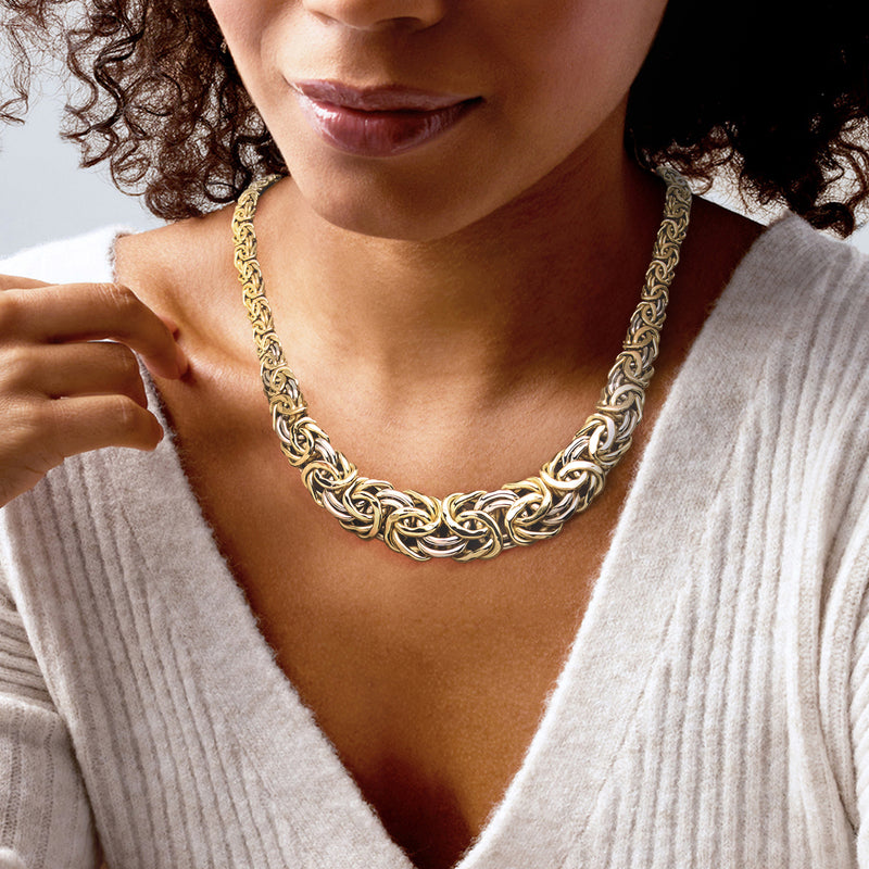 Two-tone gold Byzantine chain necklace with interlocking, textured links