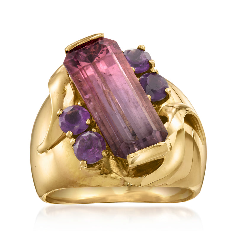 Vintage 14kt yellow gold ring with rectangular pink tourmaline and purple amethysts