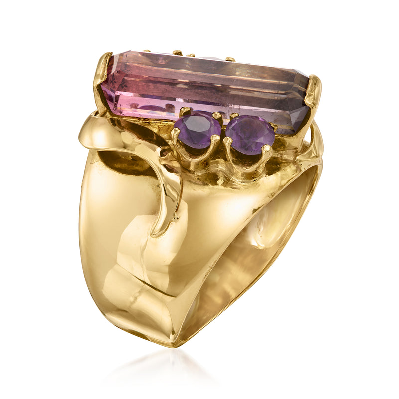 Vintage yellow gold statement ring with long pink center stone and three purple stones