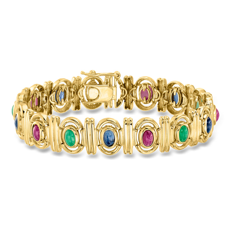 14kt yellow gold multi-gem bracelet with oval blue, purple, green, and teal stones