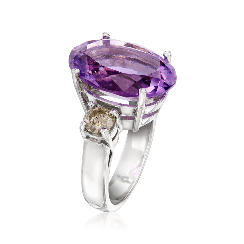 Amethyst and diamond ring, oval purple center stone with prongs and white-gold band