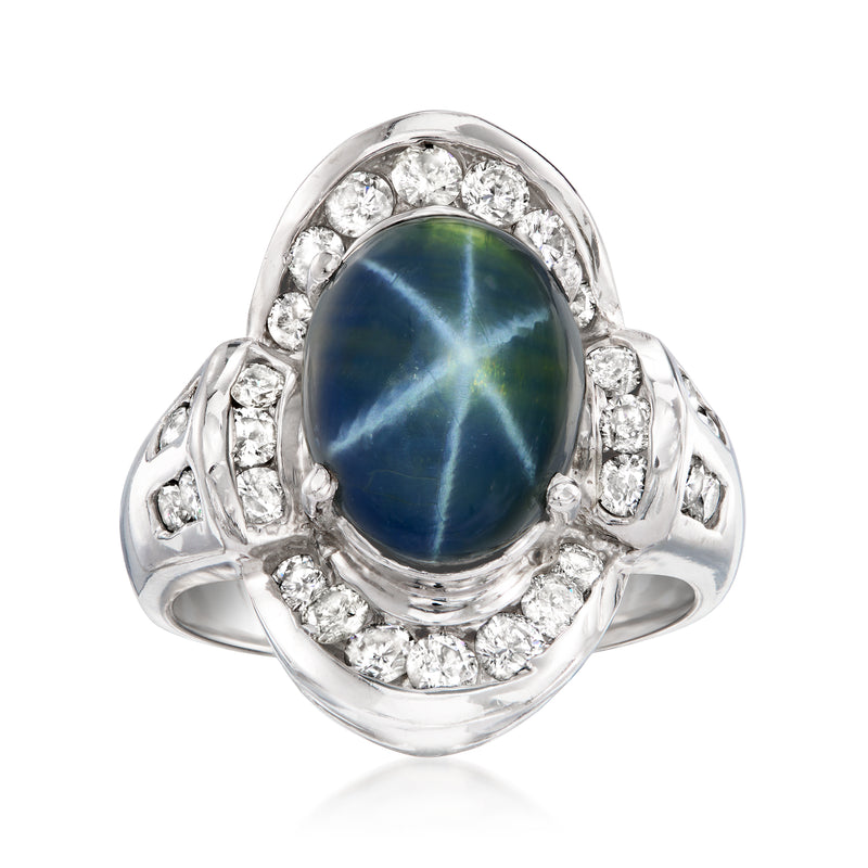 Star sapphire oval ring with diamond halo in white gold, vintage bezel setting