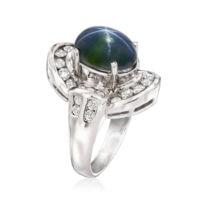 Side view of star sapphire oval ring with diamond accents in white gold