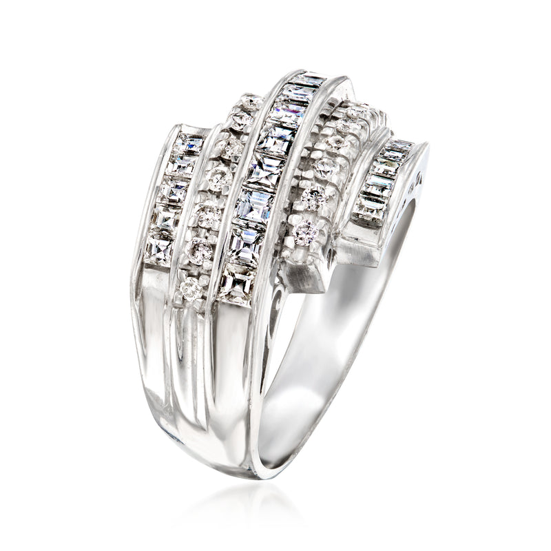 Platinum diamond wrap ring with baguette and round stones