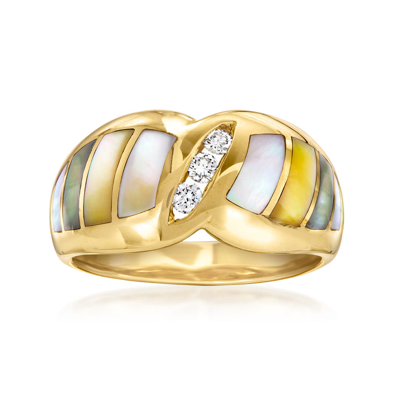 14kt yellow gold ring with mother-of-pearl inlay and three diamonds, vintage style