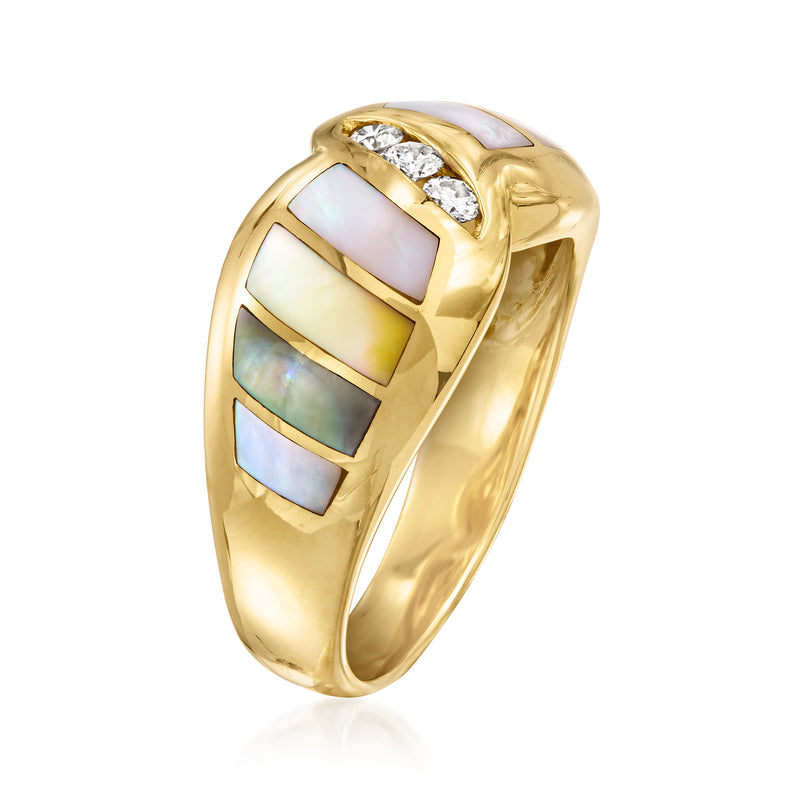 Yellow gold mother-of-pearl inlay ring with diamond accents, angled view