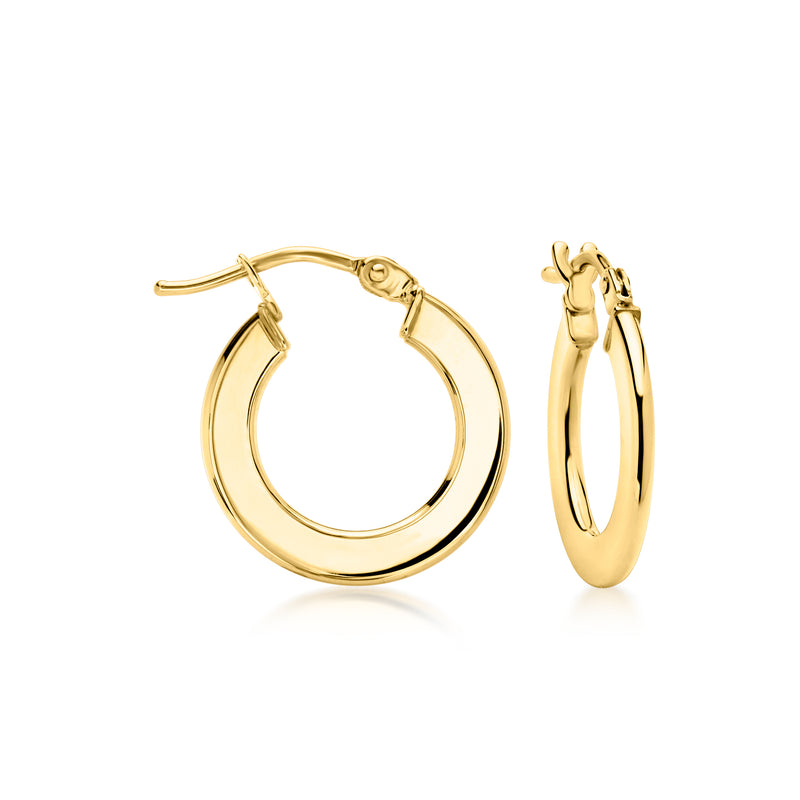 Yellow gold flat hoop earrings with hinge clasp, small round profile