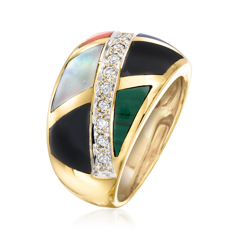 Asch Grossbardt 14kt yellow gold ring with gemstone inlay and diamond center band