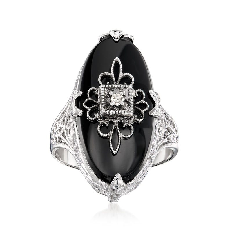 White gold onyx cabochon ring with filigree flower and single diamond center