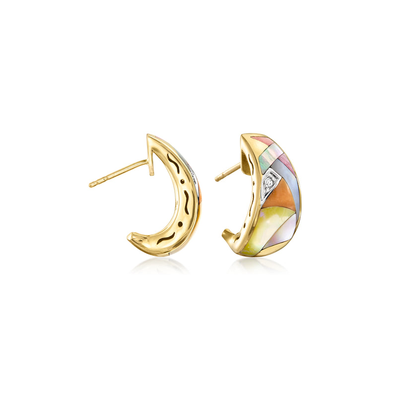 Curved 14kt yellow gold post earrings with multicolor gemstone inlay and small clear stones