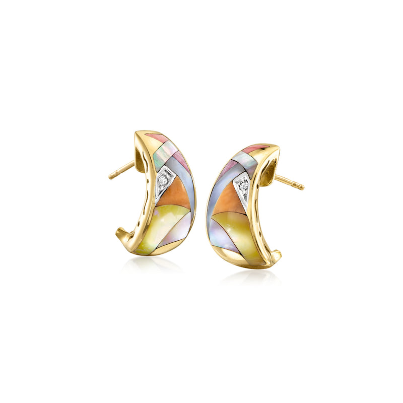 Curved yellow gold post earrings with multicolor gemstone inlay and bezel-set clear stones