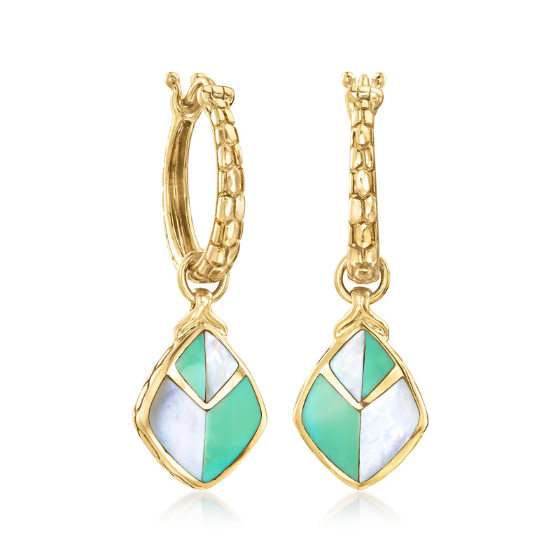 Gold hoop earrings with turquoise inlay and mother-of-pearl drop charms