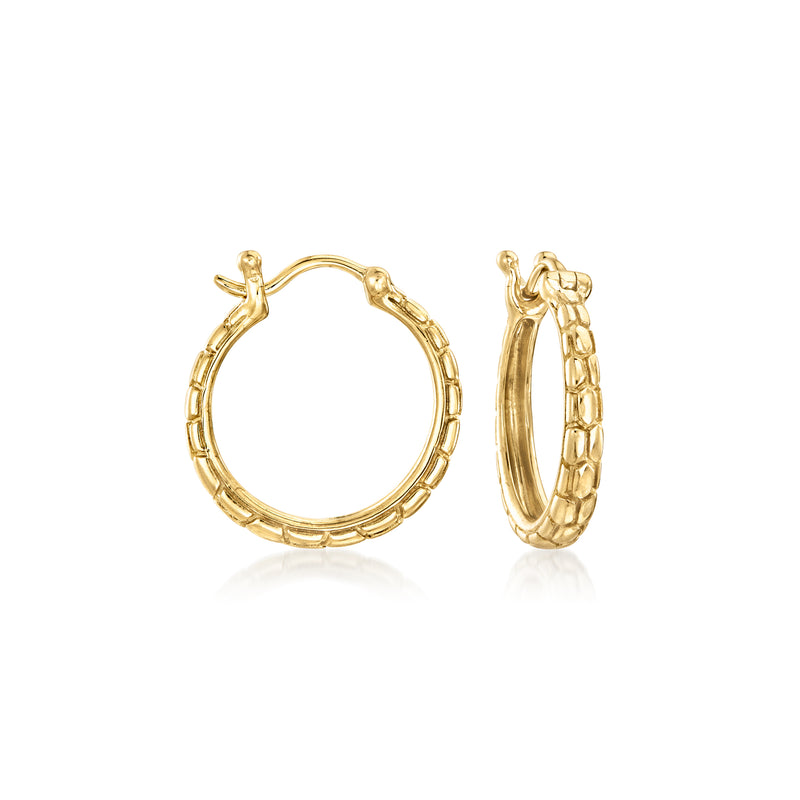 Gold hoop earrings with clasped chain detail and no dangling drops shown