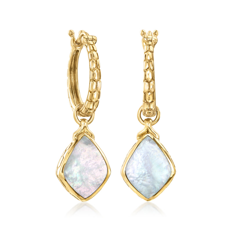 Gold hoop earrings with mother-of-pearl drop charms and gold framing