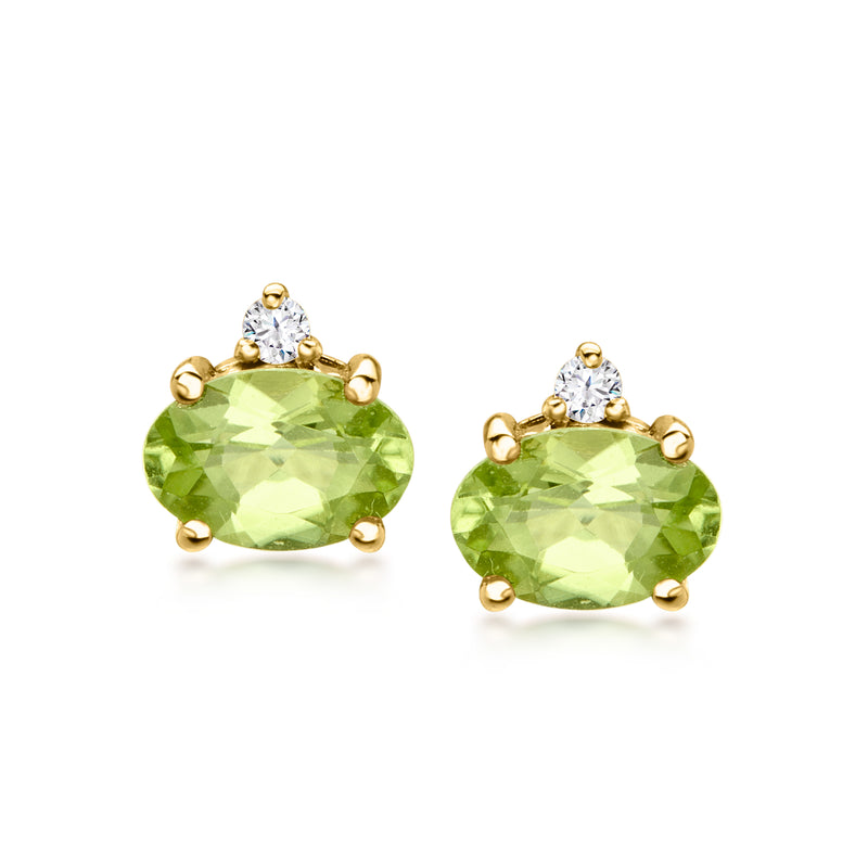 Peridot oval stud earrings in 10kt yellow gold with small round diamond accents