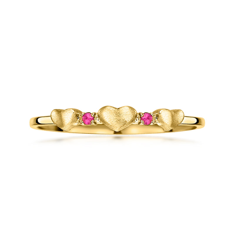 10kt yellow gold heart ring with three pink ruby heart accents