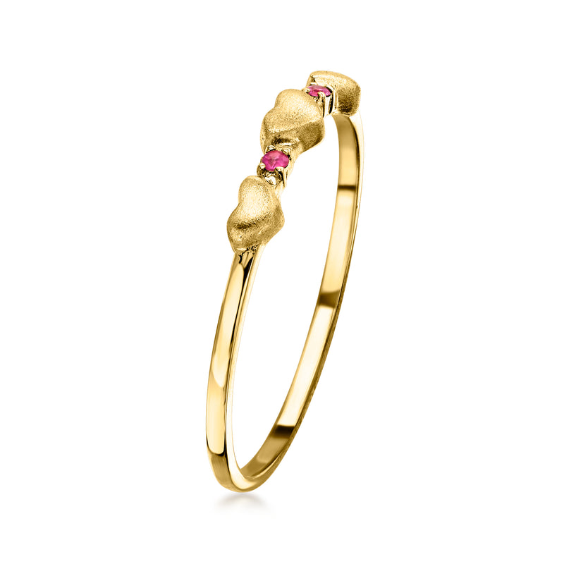 10kt yellow gold heart ring with ruby heart stones in bezel settings