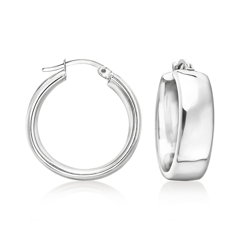 Rhodium-plated hoop earrings, round silver tone with hinge clasp