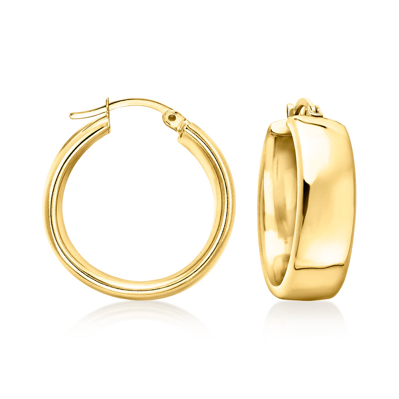Polished gold-plated hoop earrings with hinged clasp, yellow gold tone