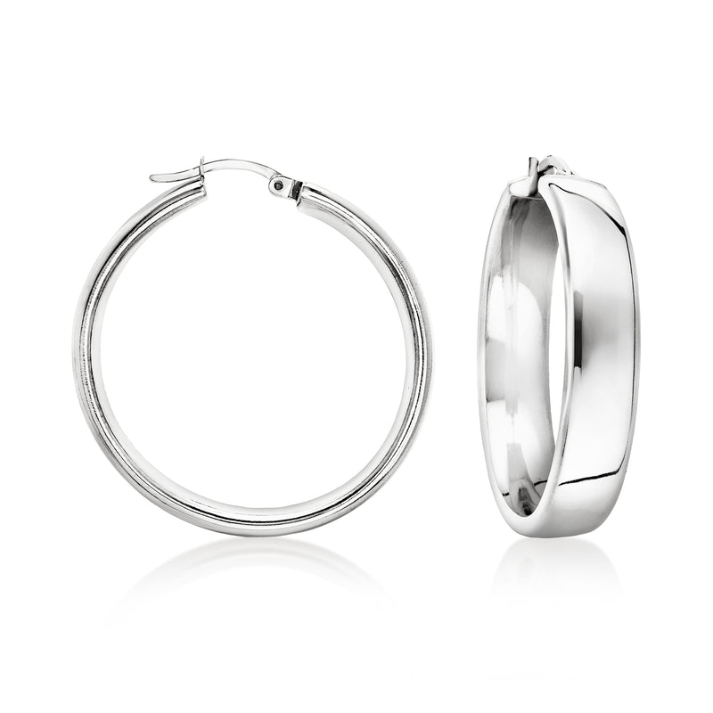 Rhodium-plated hoop earrings, round silver tone hoops with hinged clasp