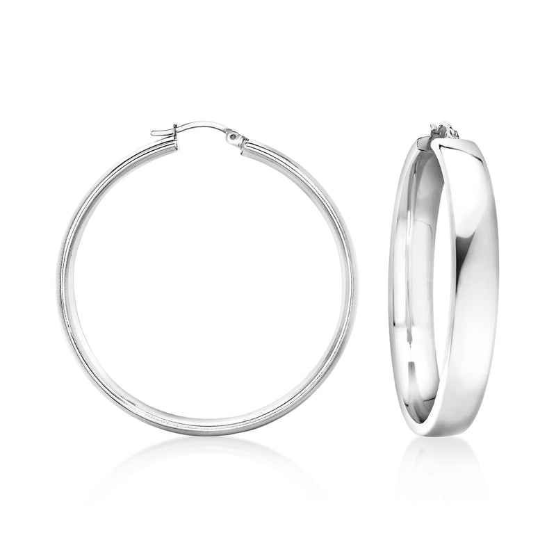 Rhodium-plated hoop earrings, round polished silver-tone metal