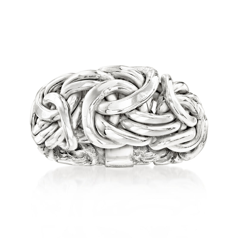 Rhodium-plated Byzantine chain-link ring with chunky braided links, polished silver