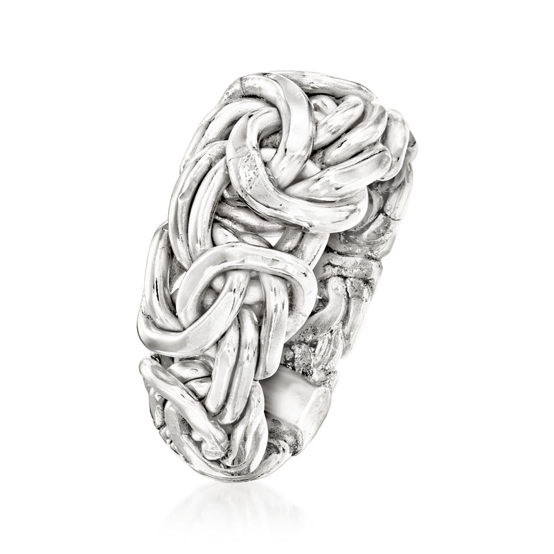 Rhodium-plated Byzantine ring with curved braided links and raised texture, polished silver