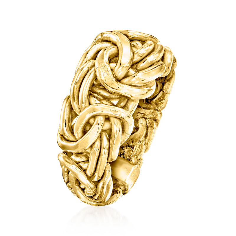 Gold-plated Byzantine chain ring, side view with textured braided links