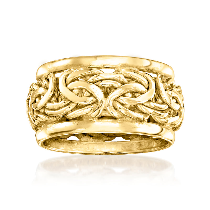 Yellow gold-plated ring with bordered Byzantine rope pattern, wide band.