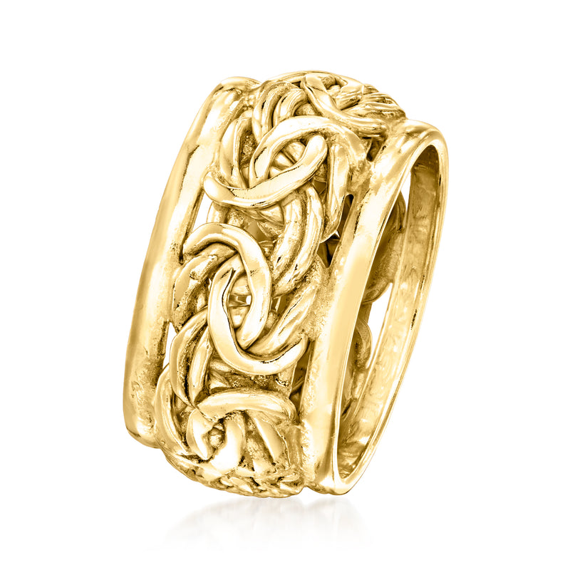 Yellow gold-plated ring band with bordered Byzantine scroll pattern, side view.