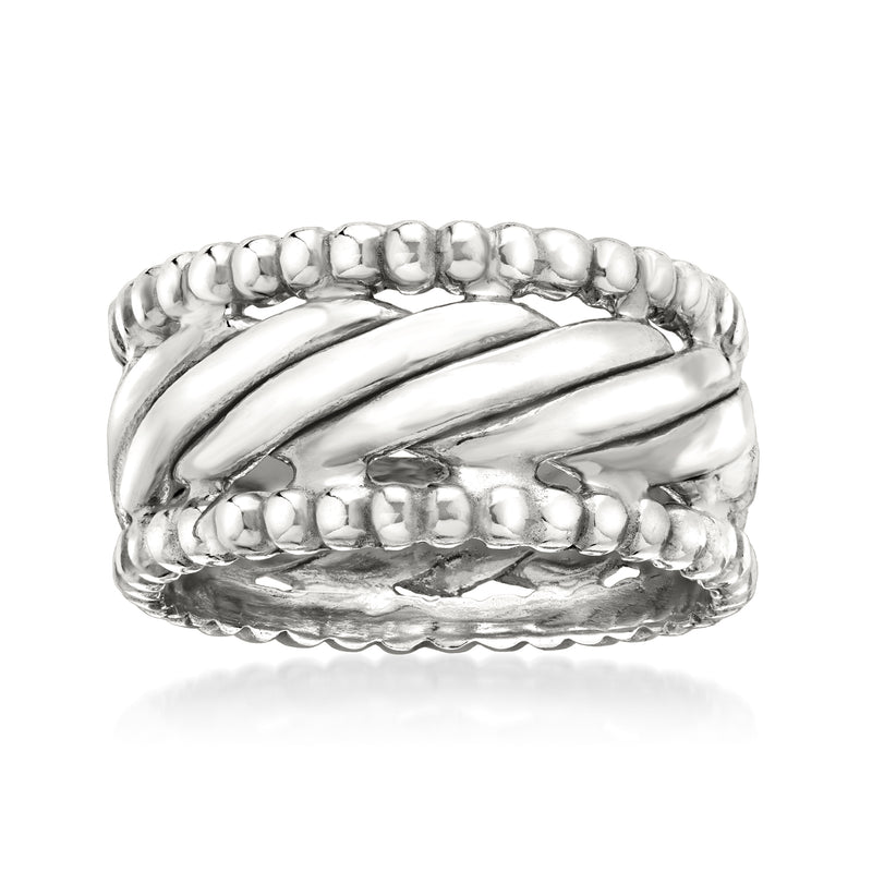 Rhodium-plated beaded border ring with raised wave ridges, polished silver band