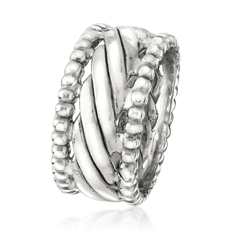 Rhodium-plated beaded border ring, side view with vertical wave ridges and bead trim