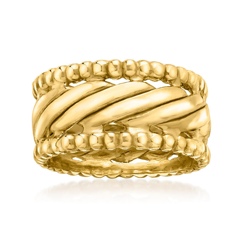 Yellow gold-plated ring with raised beaded border and curved band detail.