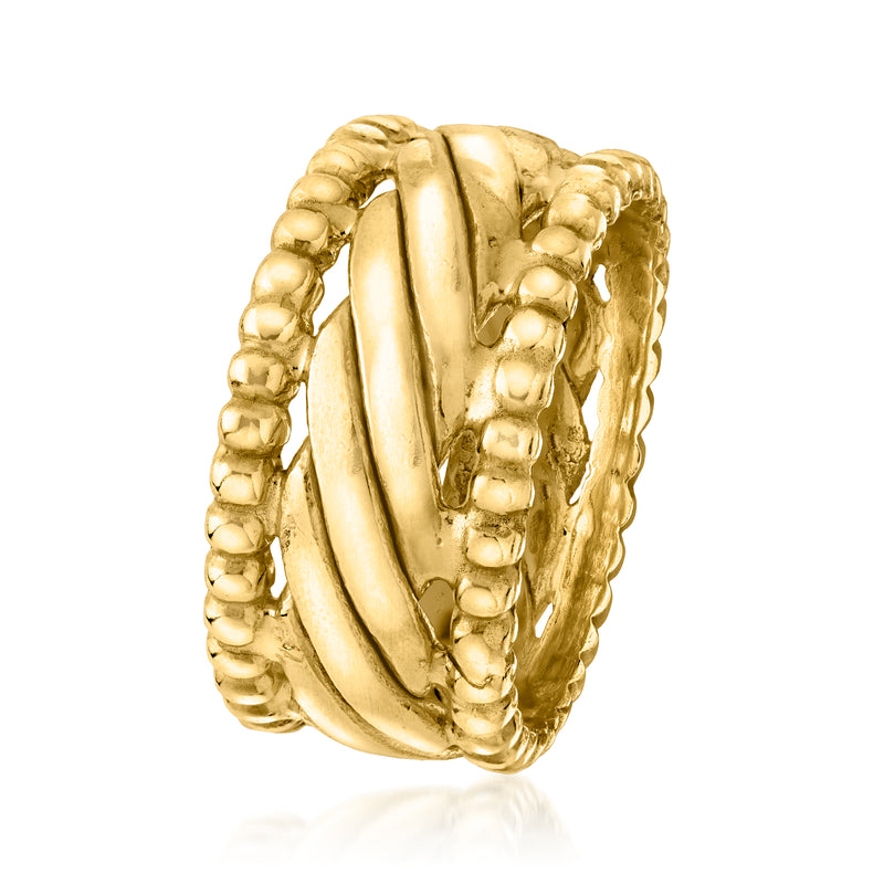 Yellow gold-plated beaded border ring, side view with smooth ridged panels.