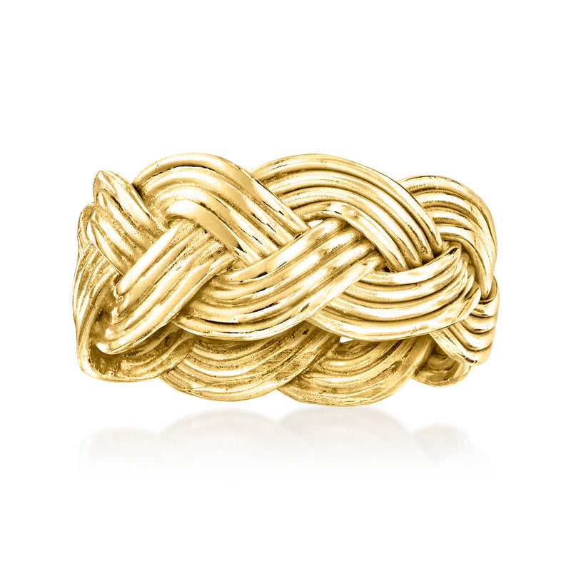 Braided gold-plated ring with interwoven rope-style design and rounded knot centerpiece