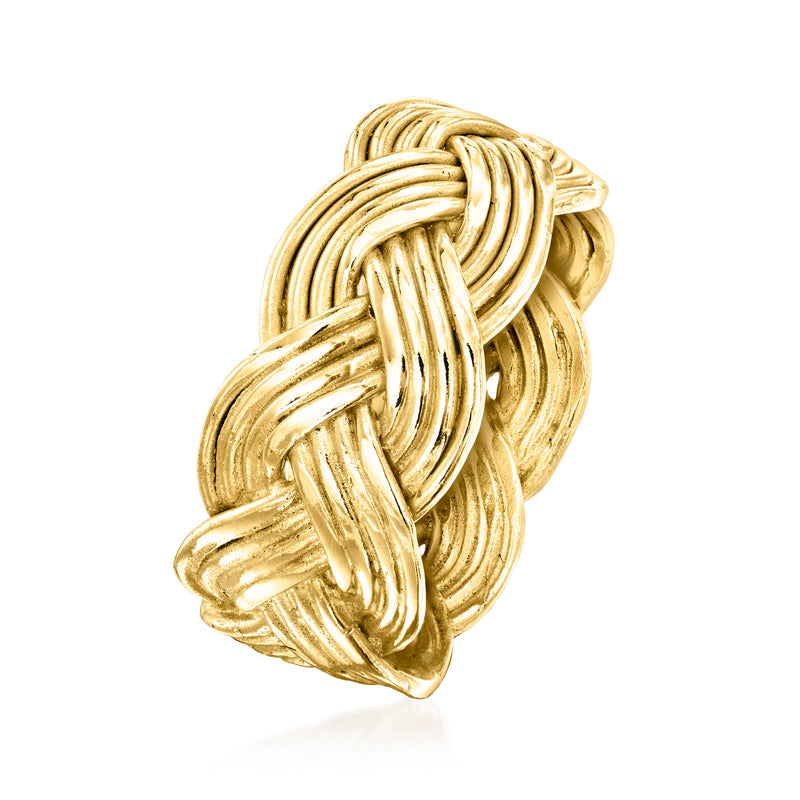 Braided gold-plated rope ring with knot detail and curved intertwined band