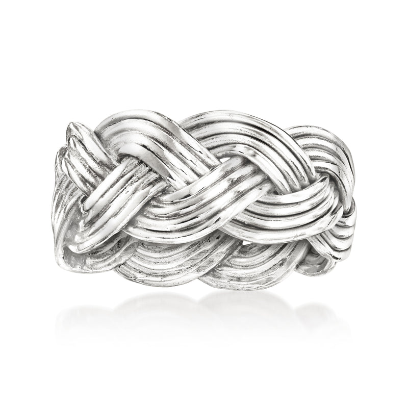 Rhodium-plated braided ring with twisted knot design, silver tone