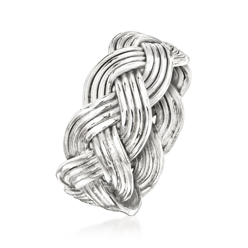 Rhodium-plated braided ring detail, interwoven rope-like knot in silver tone