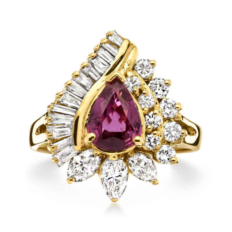 Vintage 18kt yellow gold ruby and diamond pear-shaped cluster ring, prong-set